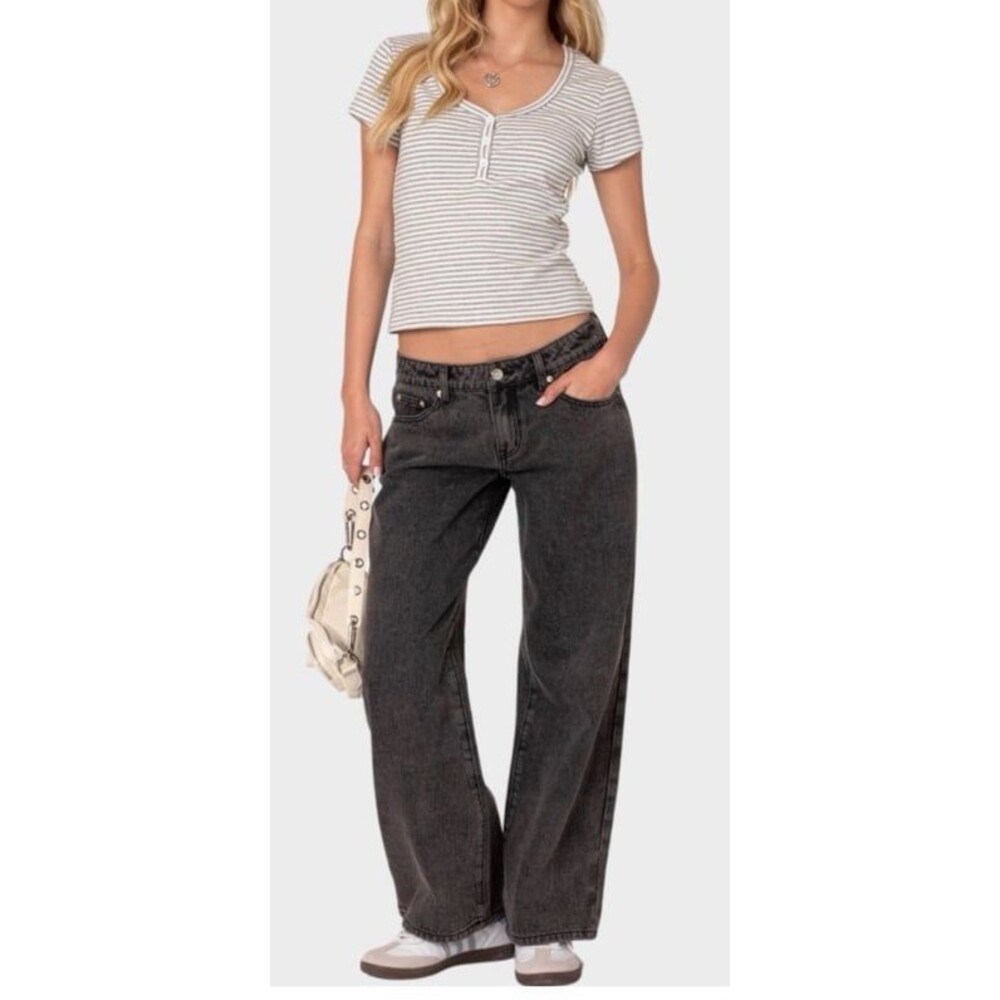 Edikted Raelynn Petite XS Black Low Rise Wide Leg Jeans